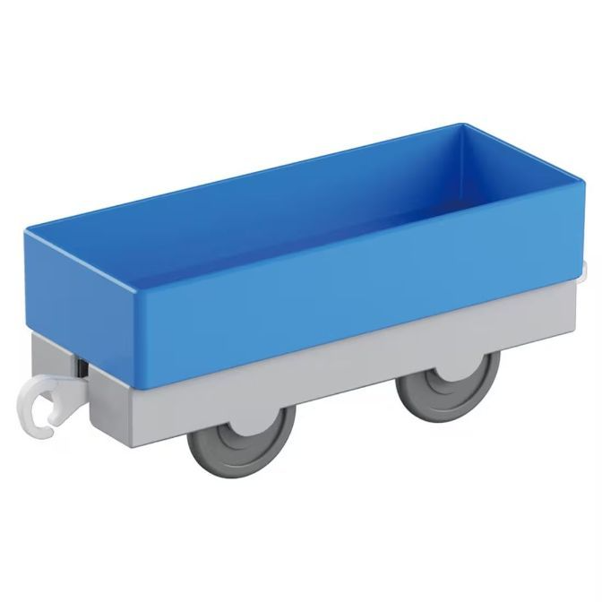  Blue toy train car with gray base and wheels, featuring a hook connector.