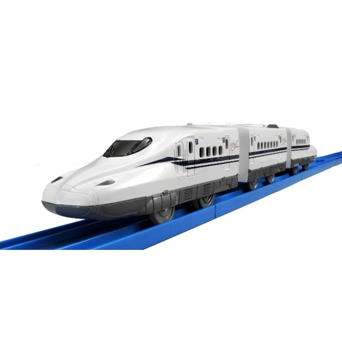  Toy bullet train on blue tracks, white with black accents.