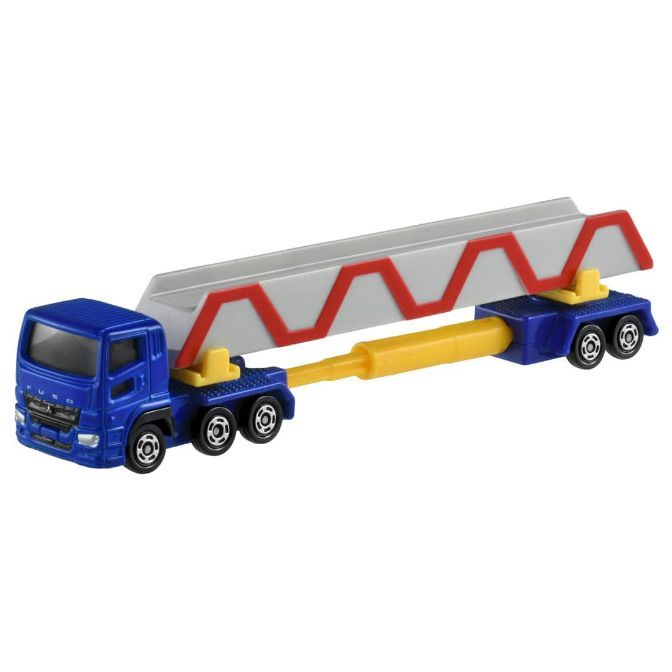 Blue toy truck carrying a gray and red bridge section on a yellow support beam.