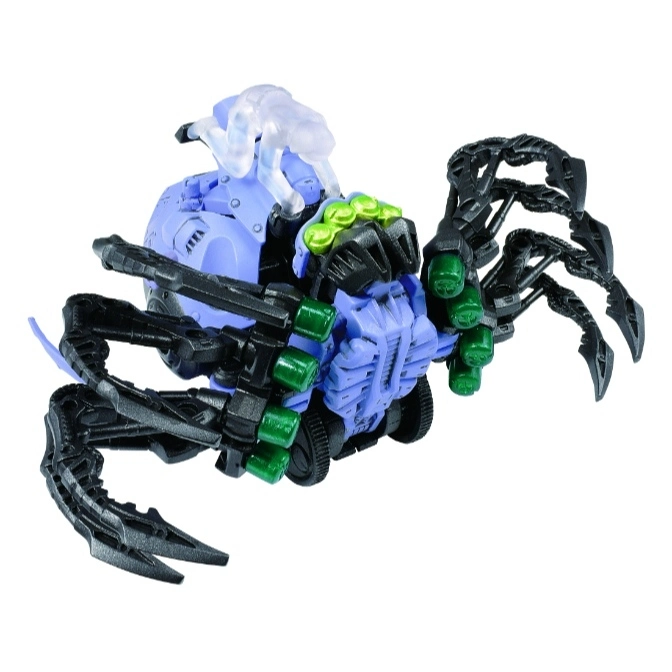  Purple spider Transformer toy with black legs and green accents, featuring a translucent figure on top.