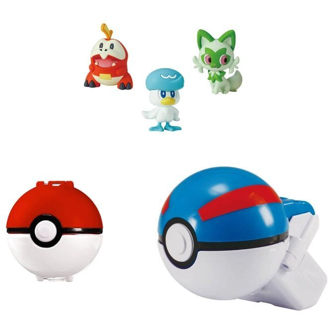  Pokémon toy set with Sprigatito, Fuecoco, Quaxly figures and two Poké Balls.