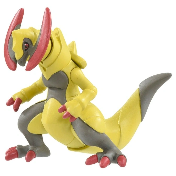 Yellow and gray Haxorus toy figure with red claws and tusks in a crouching pose.
