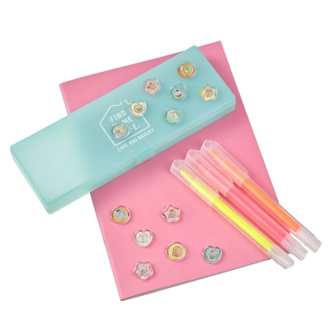  Pencil case with Sumikko Gurashi magnets, notebook, and highlighters. Cute stationery set.