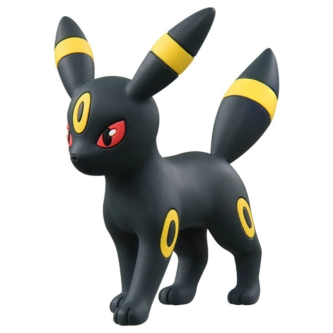 Umbreon toy figurine, black with yellow markings, standing.
