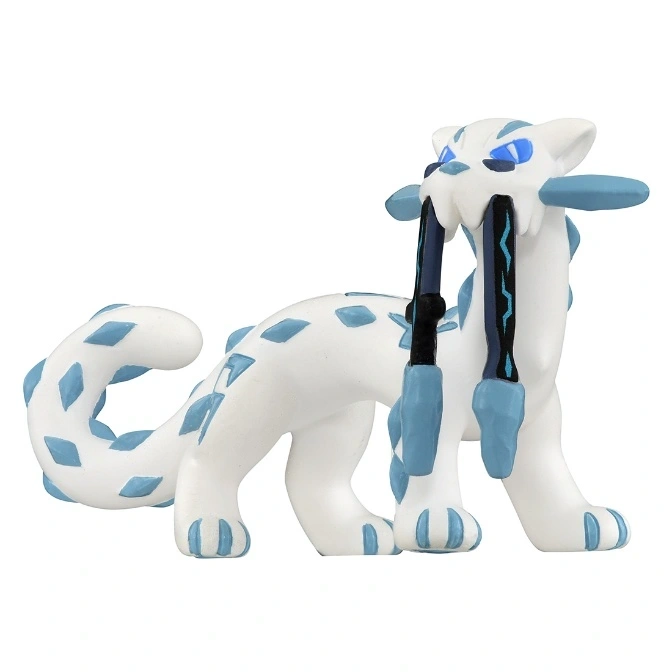 White & blue toy figure of a quadrupedal Pokémon with diamond markings and blue eyes.