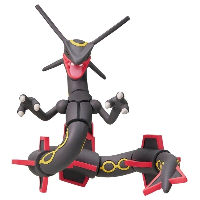  Rayquaza action figure with black body, red accents, and yellow rings.