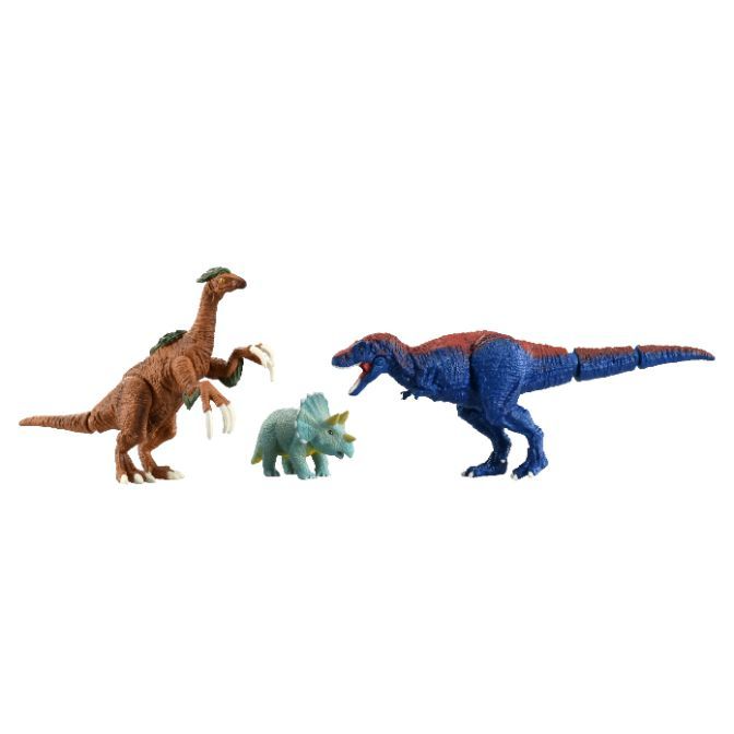 Toy dinosaurs: brown Therizinosaurus, blue/red Tyrannosaurus Rex, and green Triceratops.
