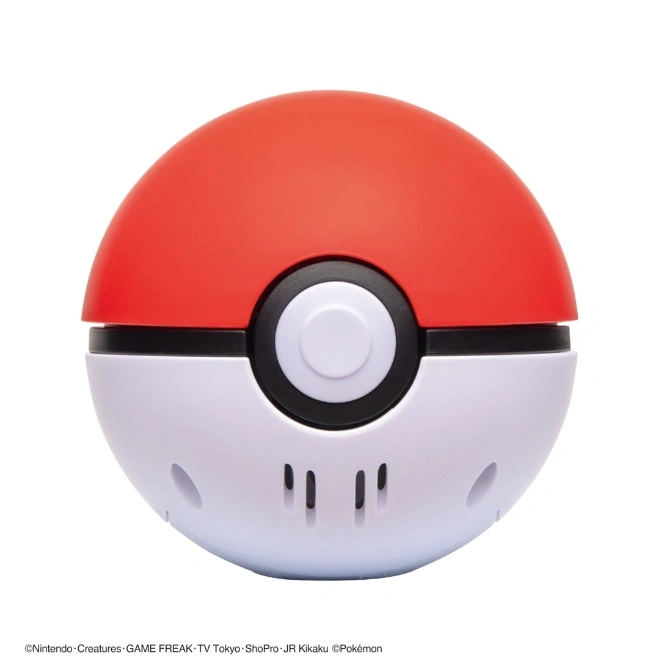  Red and white Poké Ball toy with a black and white button in the center.