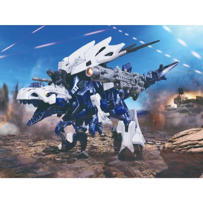  Blue and white dinosaur robot toy with weapons, standing on a desert battlefield.