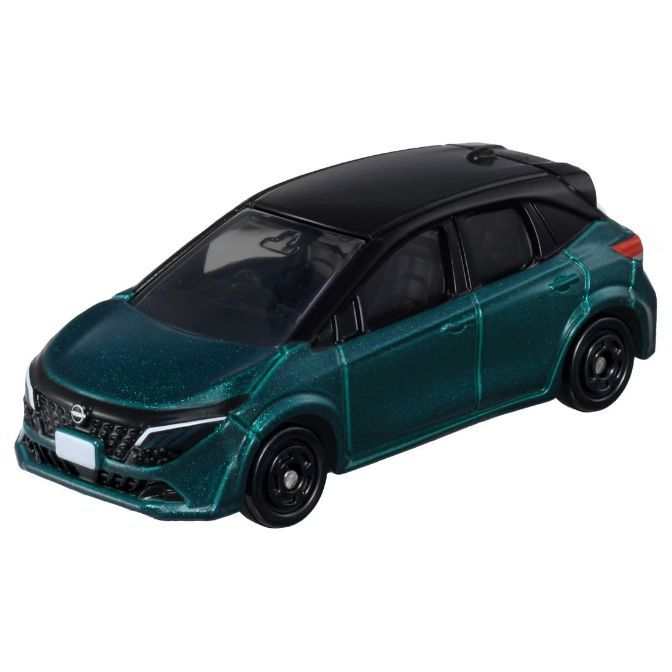 Green and black Nissan Note Aura Tomica toy car with black wheels.