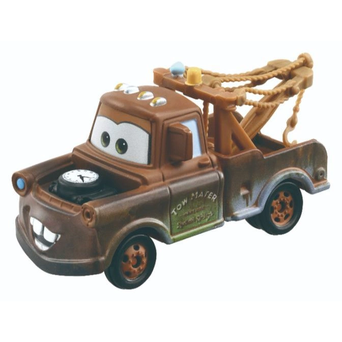 Tow Mater diecast toy car with tow hook and visible engine.