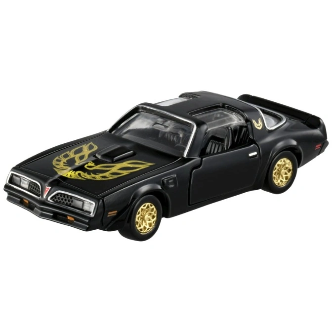 Black Trans Am toy car with gold phoenix hood decal and gold wheels.