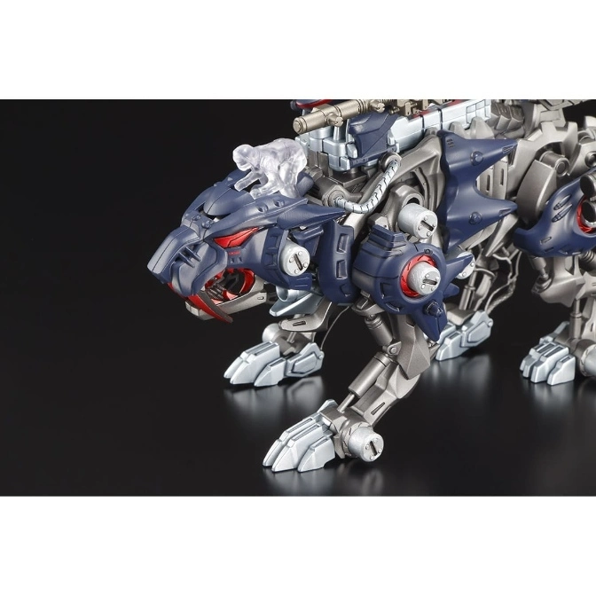  Blue and silver Zoids Liger Zero toy with red accents, posed on a black surface.