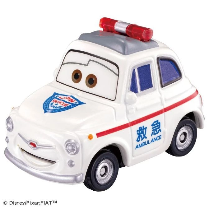 Disney Cars ambulance toy with light bar and Japanese text.