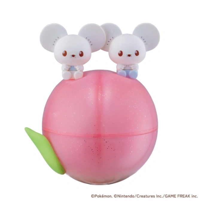  Maushold figures atop a pink peach-shaped container with a green leaf.