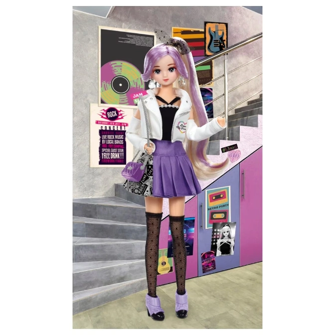  Doll with purple hair, wearing a white jacket, purple skirt, and patterned tights, standing in front of posters.
