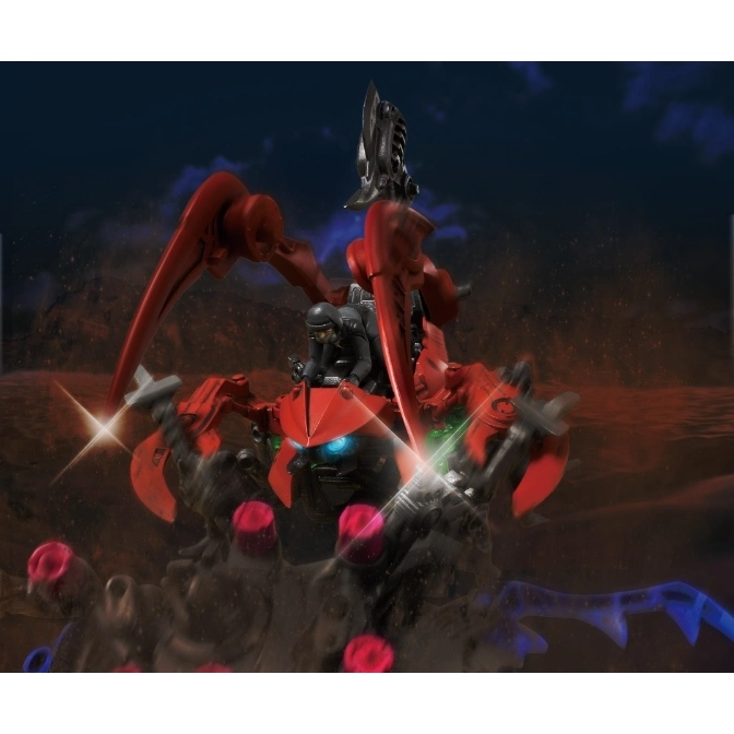  Red scorpion mech toy with a figure riding it, set against a dark, otherworldly backdrop.