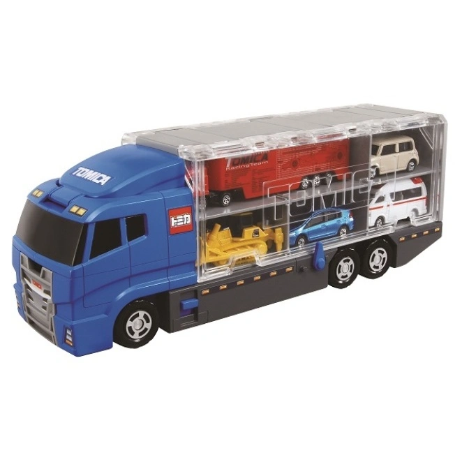 Tomica carrier truck with toy cars and construction vehicle inside its transparent container.