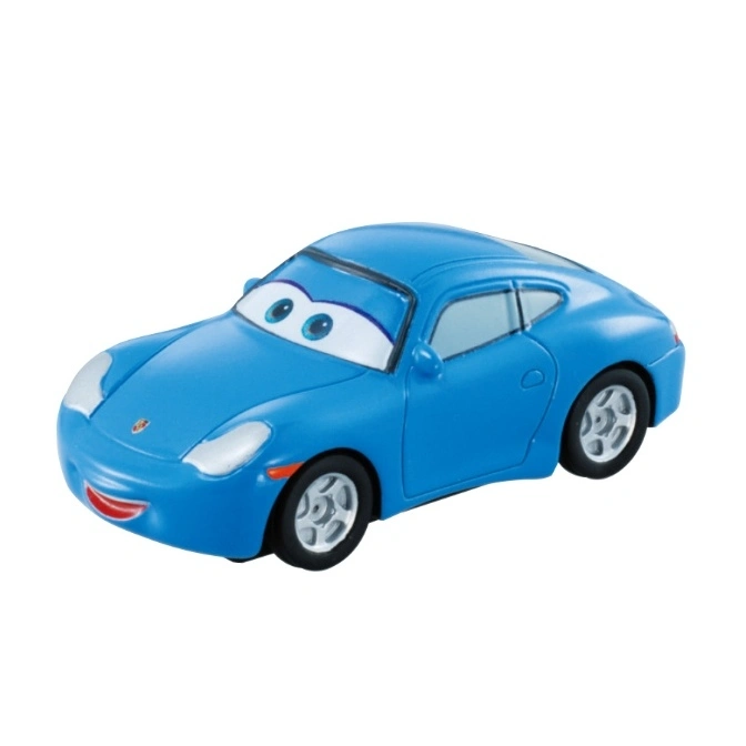 Blue toy car with eyes and a smile, resembling Sally Carrera from Disney's Cars.