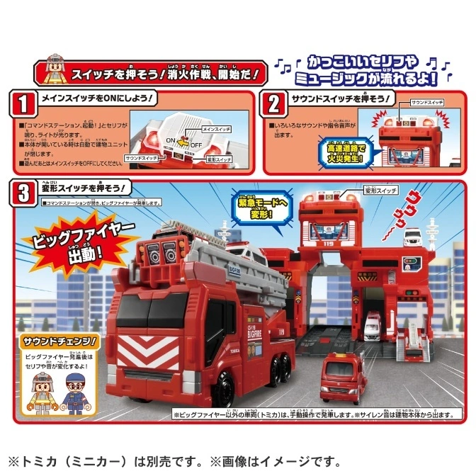  Tomica Big Fire Station toy with switches, sounds, and transforming features shown in a product display.