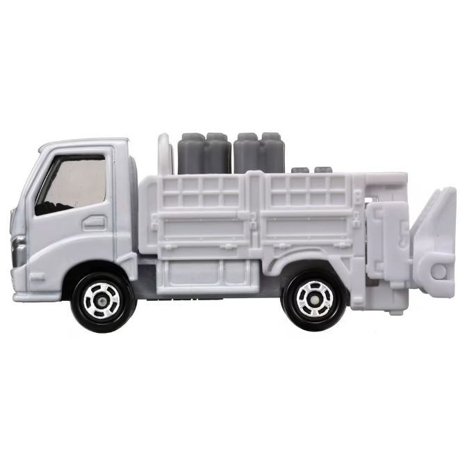  White toy truck with a container lift, featuring black wheels and detailed cabin.