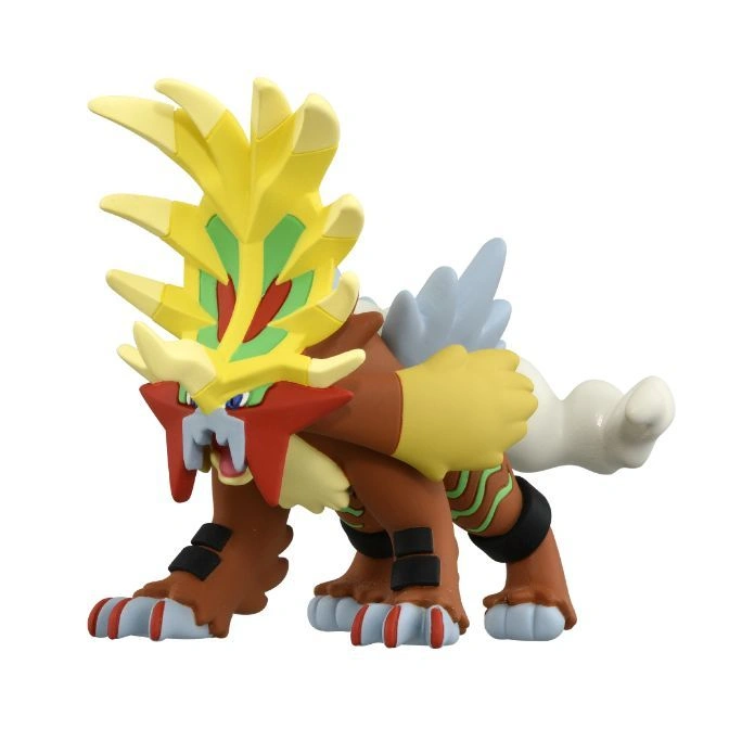 Entei toy figure with yellow mane, red face, and brown body in a standing pose.