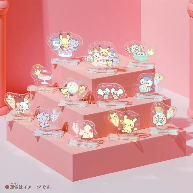  Pokémon dessert-themed acrylic stands on a pink display, featuring Pikachu and other Pokémon with sweets.