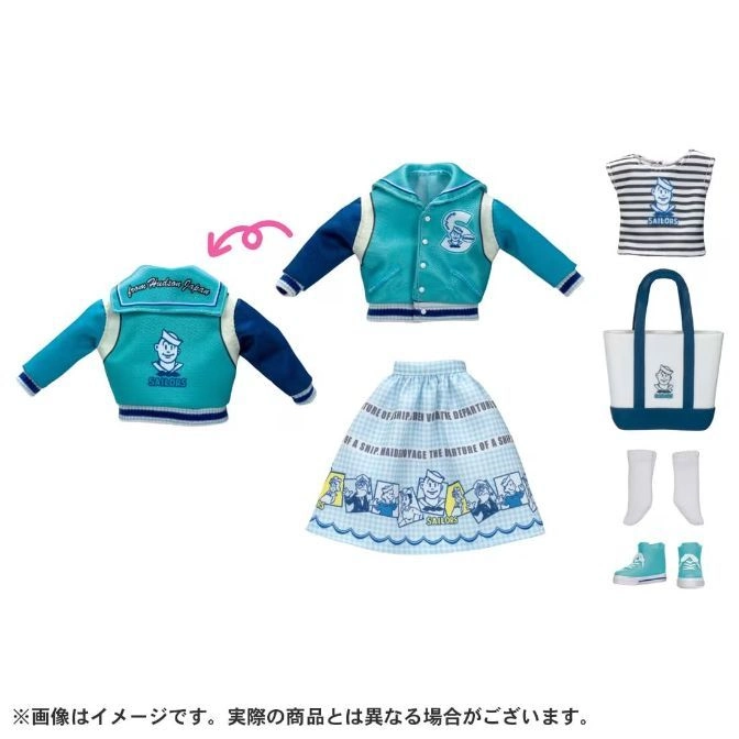  Sailor-themed doll clothes set: jacket, skirt, top, bag, socks, and shoes.