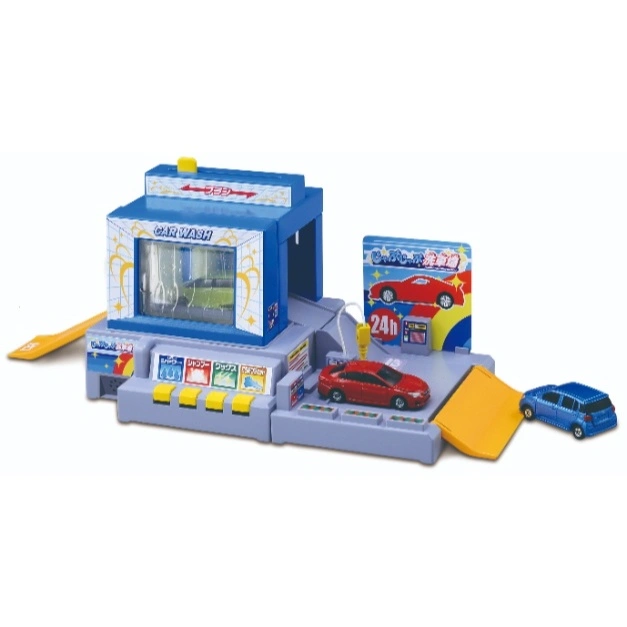 Toy car wash with cars. Buttons for wash options, sign with "24h", and a blue car exiting.