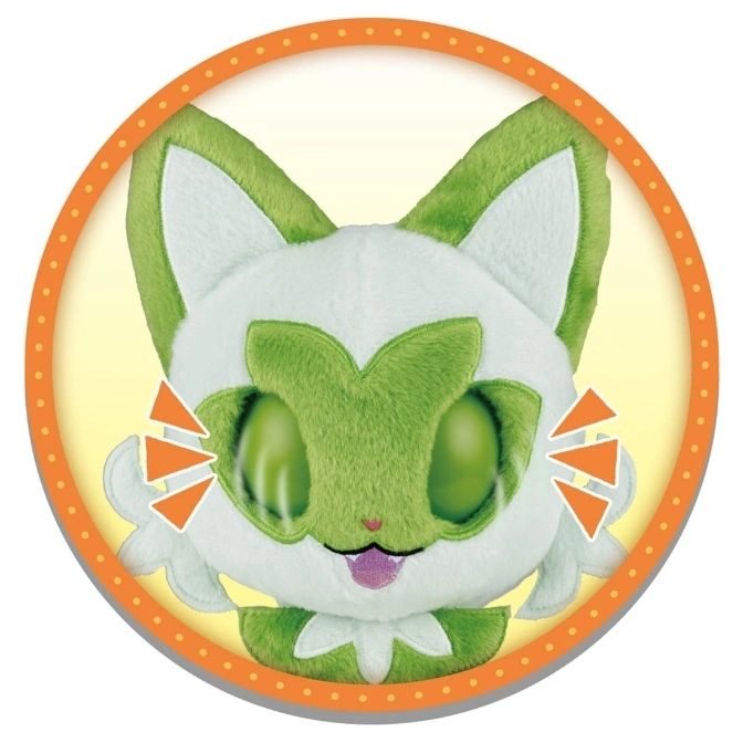  Sprigatito plush toy with green and white fur, big green eyes, and tongue sticking out.