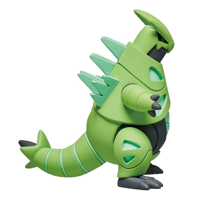  Lime green Tyranitar toy figure with spikes and geometric shapes.