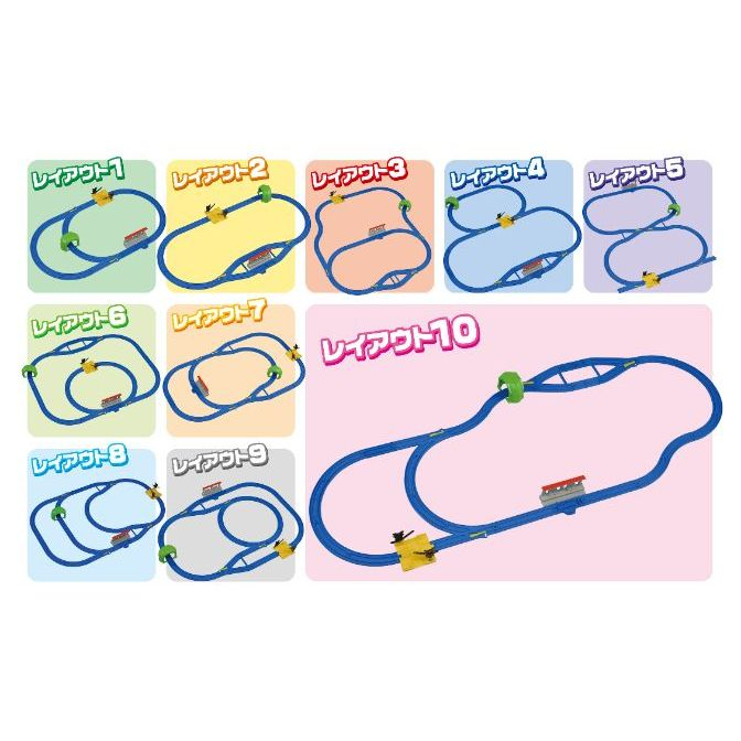  Ten different toy train track layouts are displayed in a grid format. Each layout is numbered and has a different configuration of tracks, including loops, curves, and straight sections.