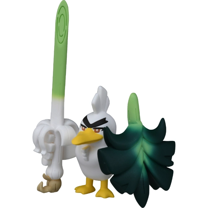 Sirfetch'd toy figure with leek sword and leafy shield, ready for battle.
