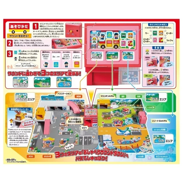 Interactive toy town playset with sound buttons, vehicle elevator, bus station, and themed zones: town, mountain, and ocean.