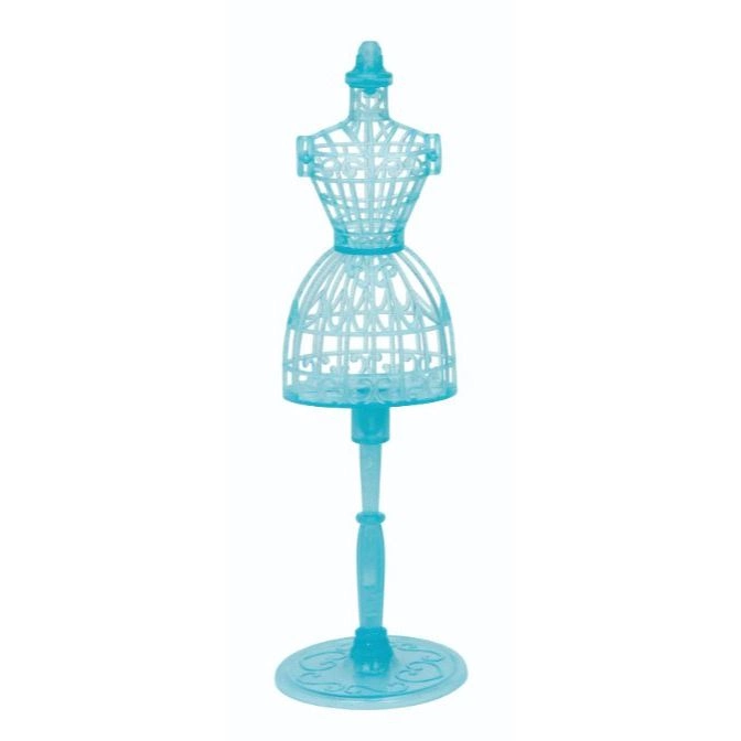 Translucent blue toy dress form on a stand. Miniature mannequin for doll clothes design.