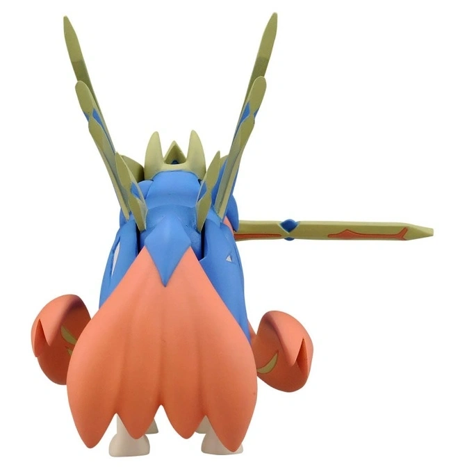  Zacian toy figure, rear view. Blue, orange, and yellow with sword.