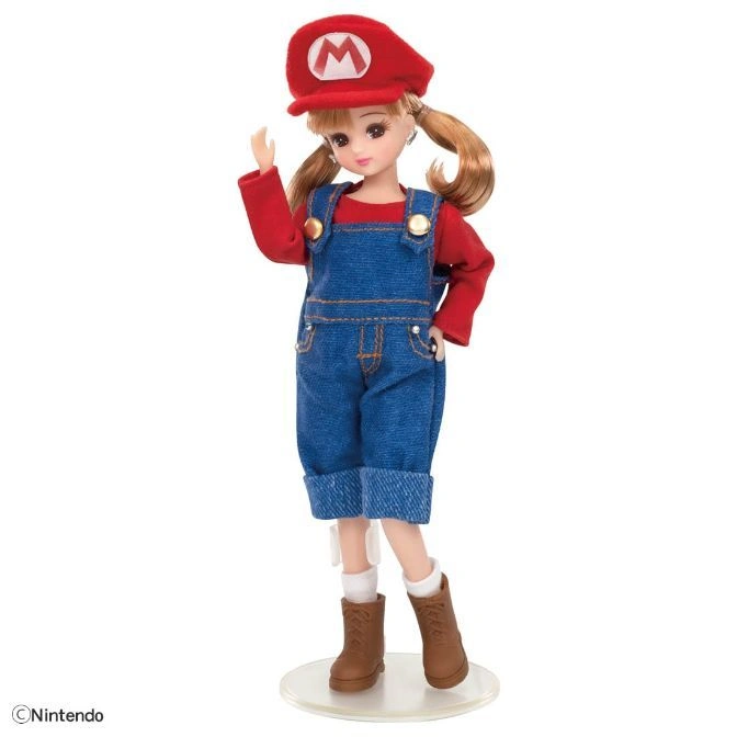 Mario-themed Licca doll with red cap, overalls, red shirt, and brown boots.