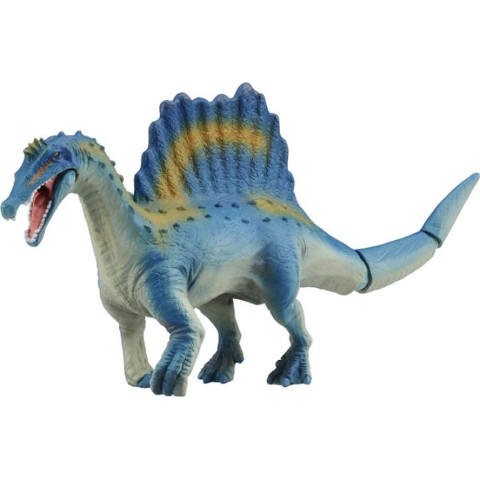 Blue Spinosaurus toy with a large sail on its back and an open mouth.