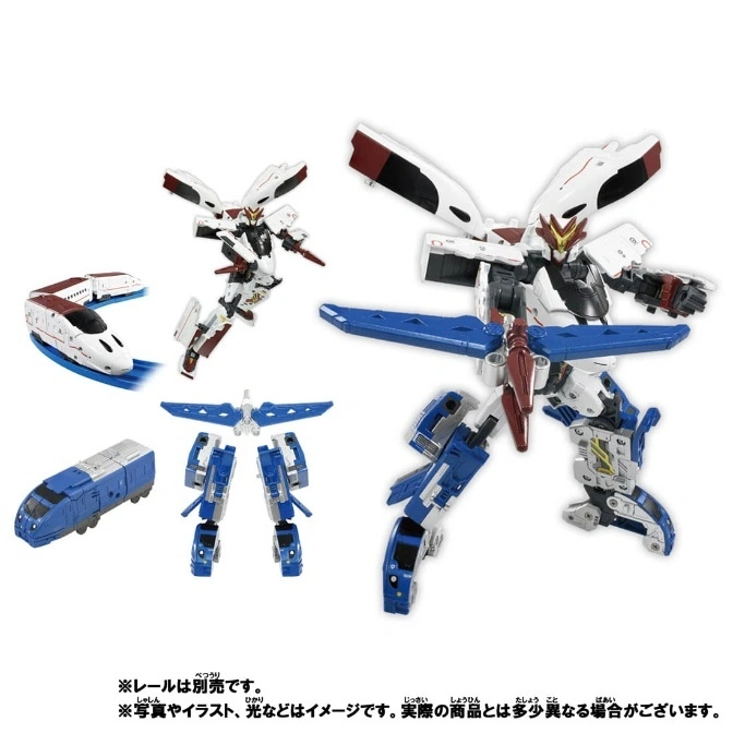  Toy train transforms into robot. White, red, and blue color scheme. Multiple configurations shown.