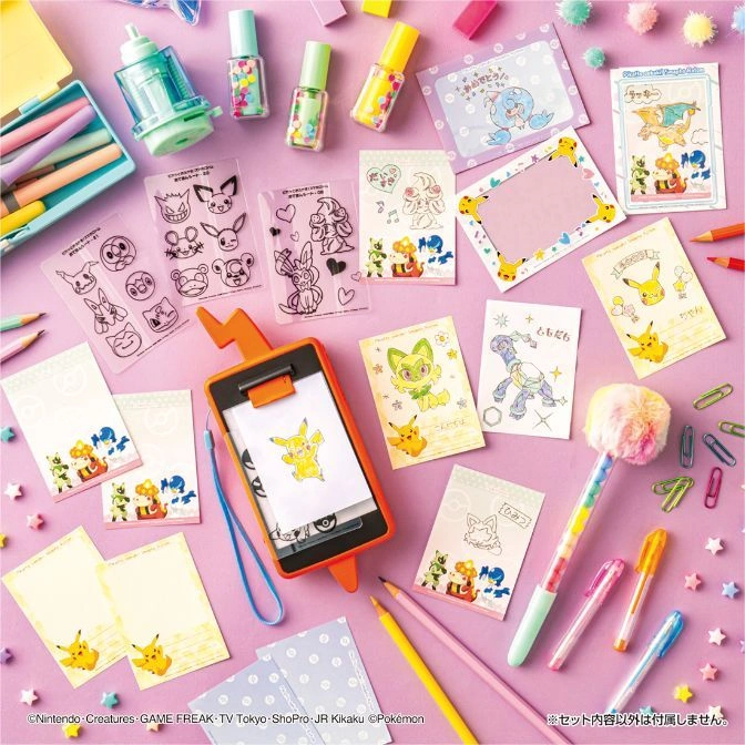  Pokémon stationery set with stickers, memo pads, pens, and a Pikachu drawing board on a lavender background.