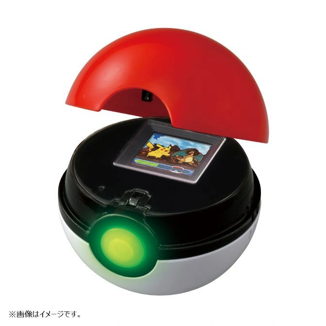 Open Poké Ball toy with a screen showing Pikachu and another Pokémon, and a glowing green light.