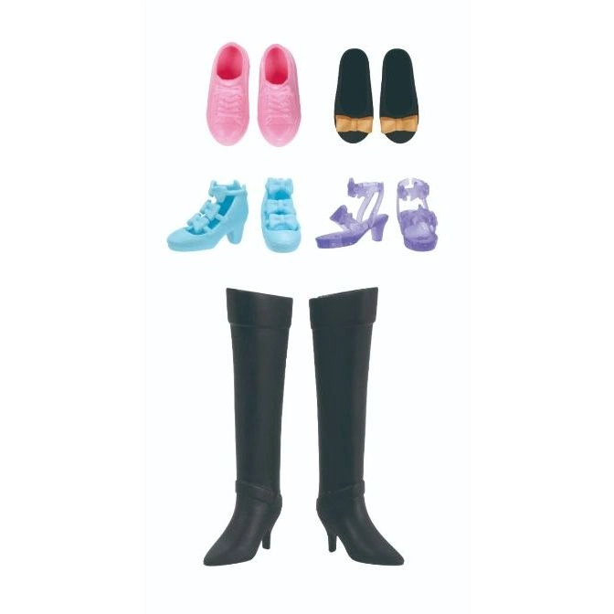 Doll shoes: pink sneakers, black flats, blue and purple heels, and black knee-high boots.