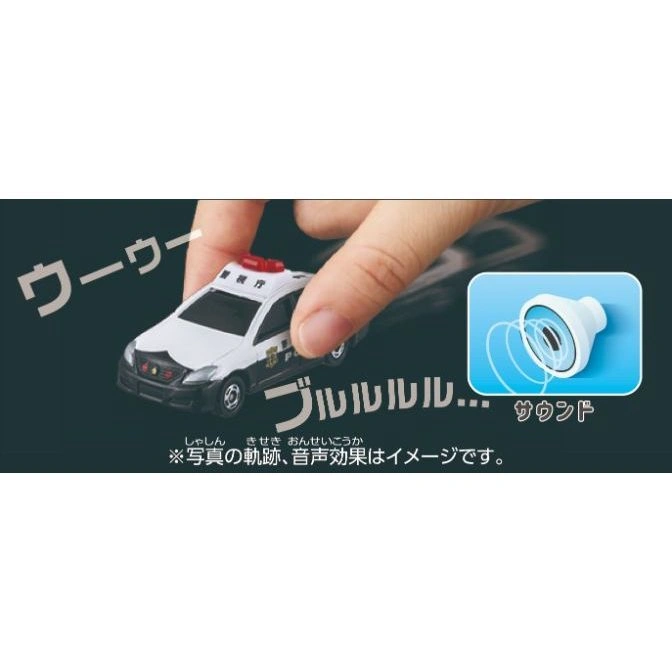  Toy police car with sound effects. Hand pushing car. "Woo-woo" and "Brrr" text.