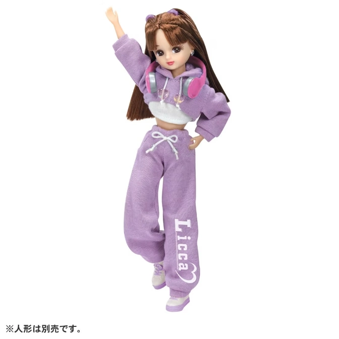  Licca doll in a purple tracksuit with headphones, arm raised.