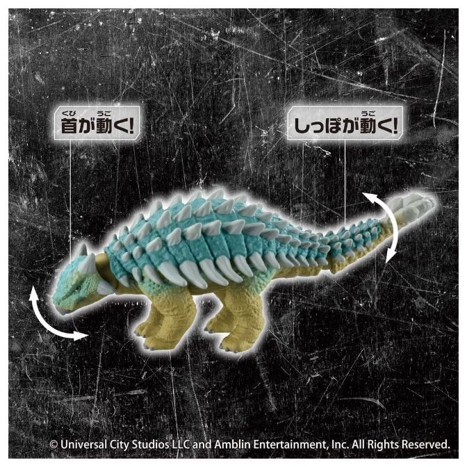  Ankylosaurus toy with moving head and tail, blue back plates, and yellow legs.
