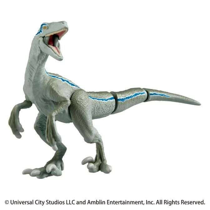  Blue raptor toy with articulated tail and open mouth.