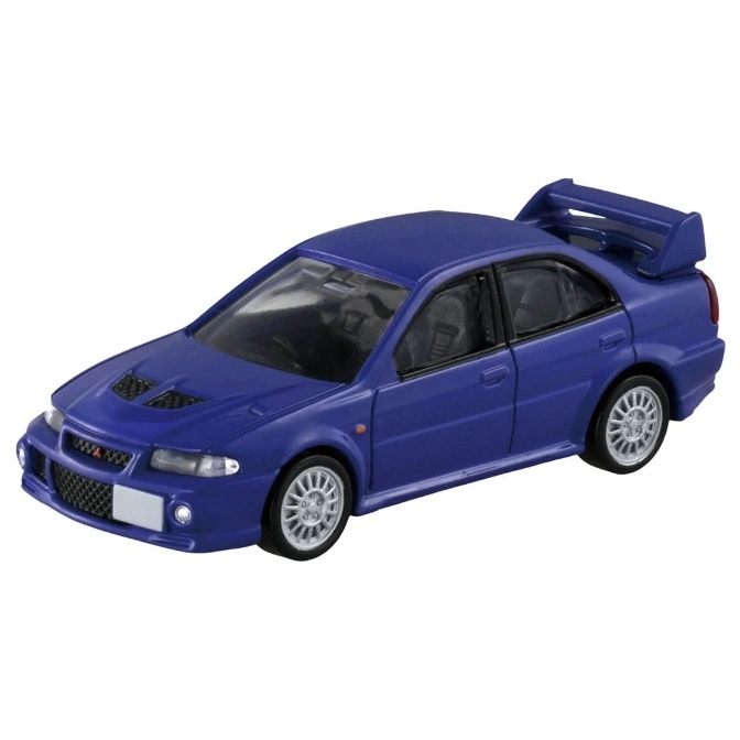 Blue toy Mitsubishi Lancer Evolution with spoiler and silver wheels.