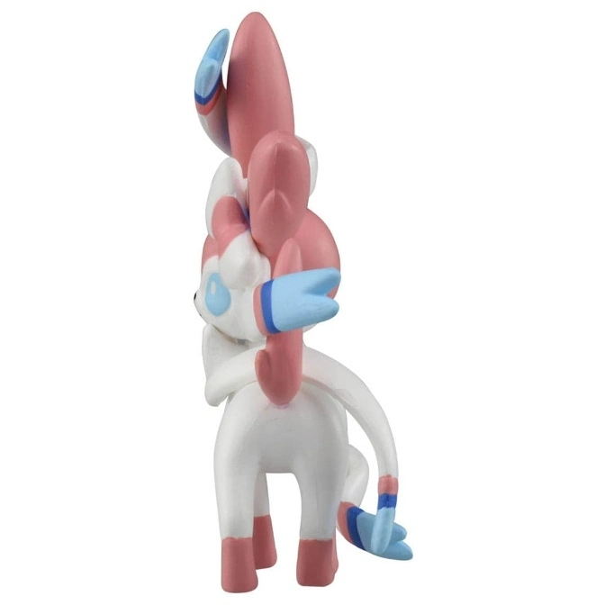  Sylveon figurine with pink and blue ribbons, standing on four legs.