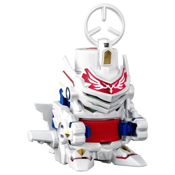  White and red B-Daman toy with a circular handle on top.
