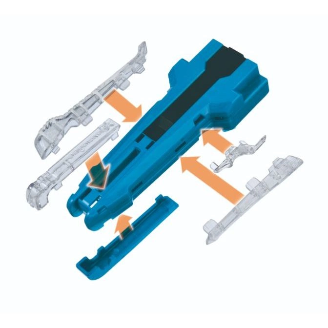  Blue toy with clear parts and orange arrows showing assembly.